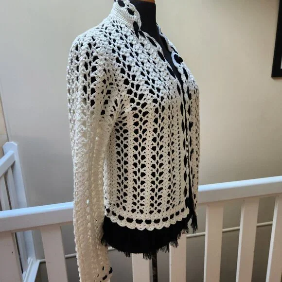 ONE GIRL WHO / Anthropologie Crochet white and black cardigan sweater - Picture 8 of 9